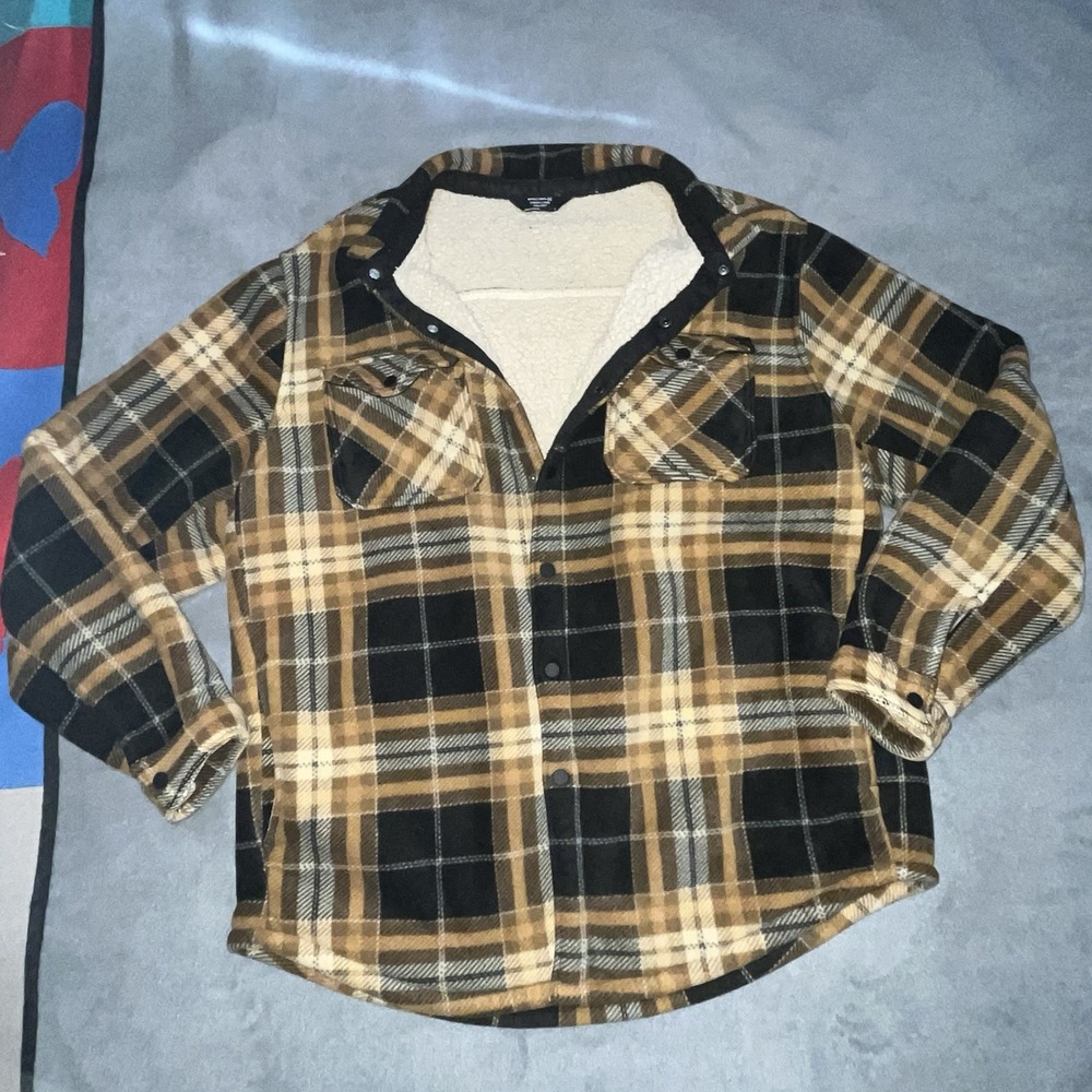 Members Mark Men's‎ Shacket Sherpa Lined Shirt Jacket Brown Tan Black Plaid XL